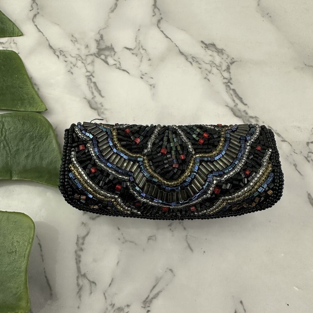 Mervyns Vintage 90s Beaded Lipstick Case Box Black Red Glam Mirror Travel